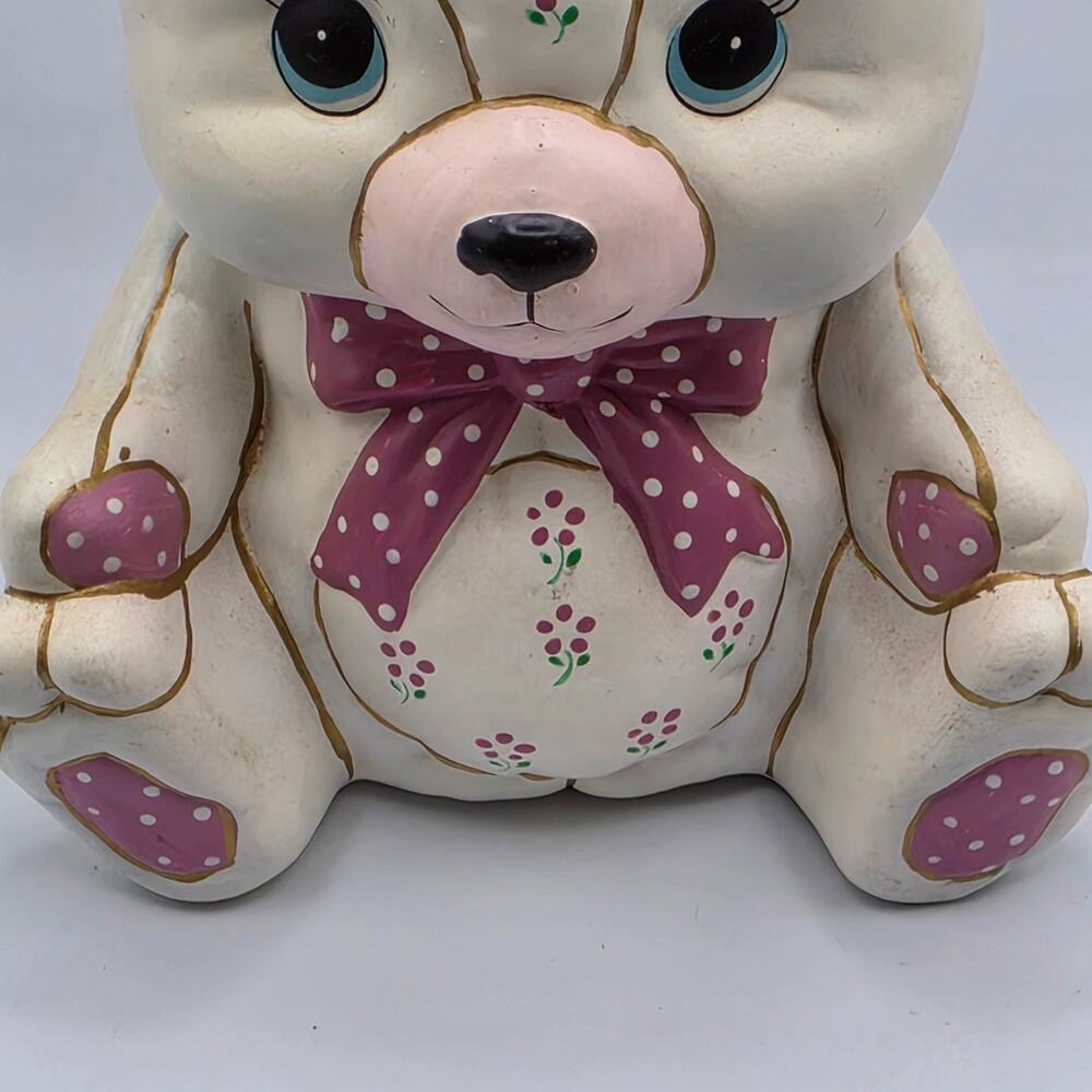 Vintage 1987 Lefton Teddy Bear Coin Bank Pink Floral Nursery Decor 6 Inch Flawed - Picture 4 of 14